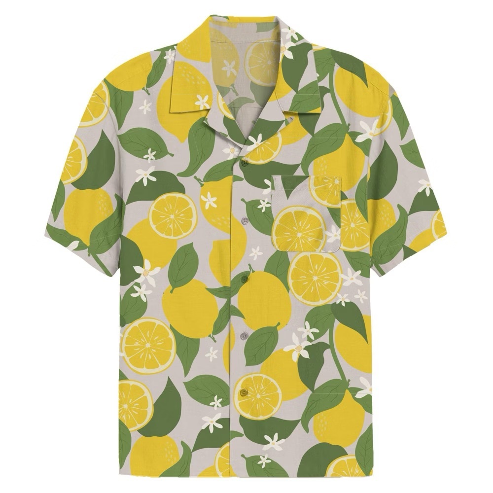 MAD Engine Men's Lemon Print Short Sleeve Button-Down Shirt Tan Yellow Green